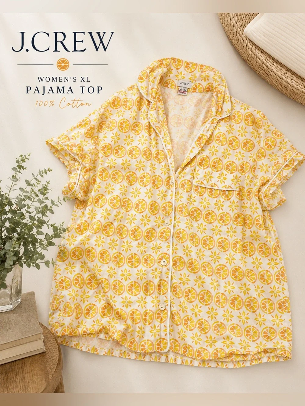 J.Crew Women’s XL Citrus Orange Print Cotton Pajama Top Button Front